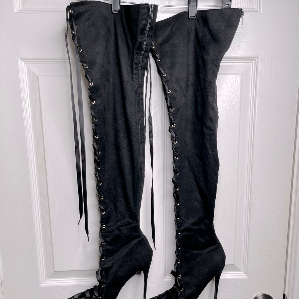 Lace Up Black Thigh High Stiletto Boots